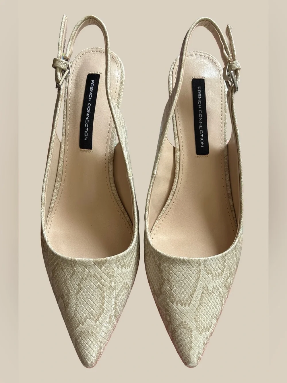 French Connection Quinn Sling Back Kitten Heels Cream Snakeskin Pointed Toe NWOB